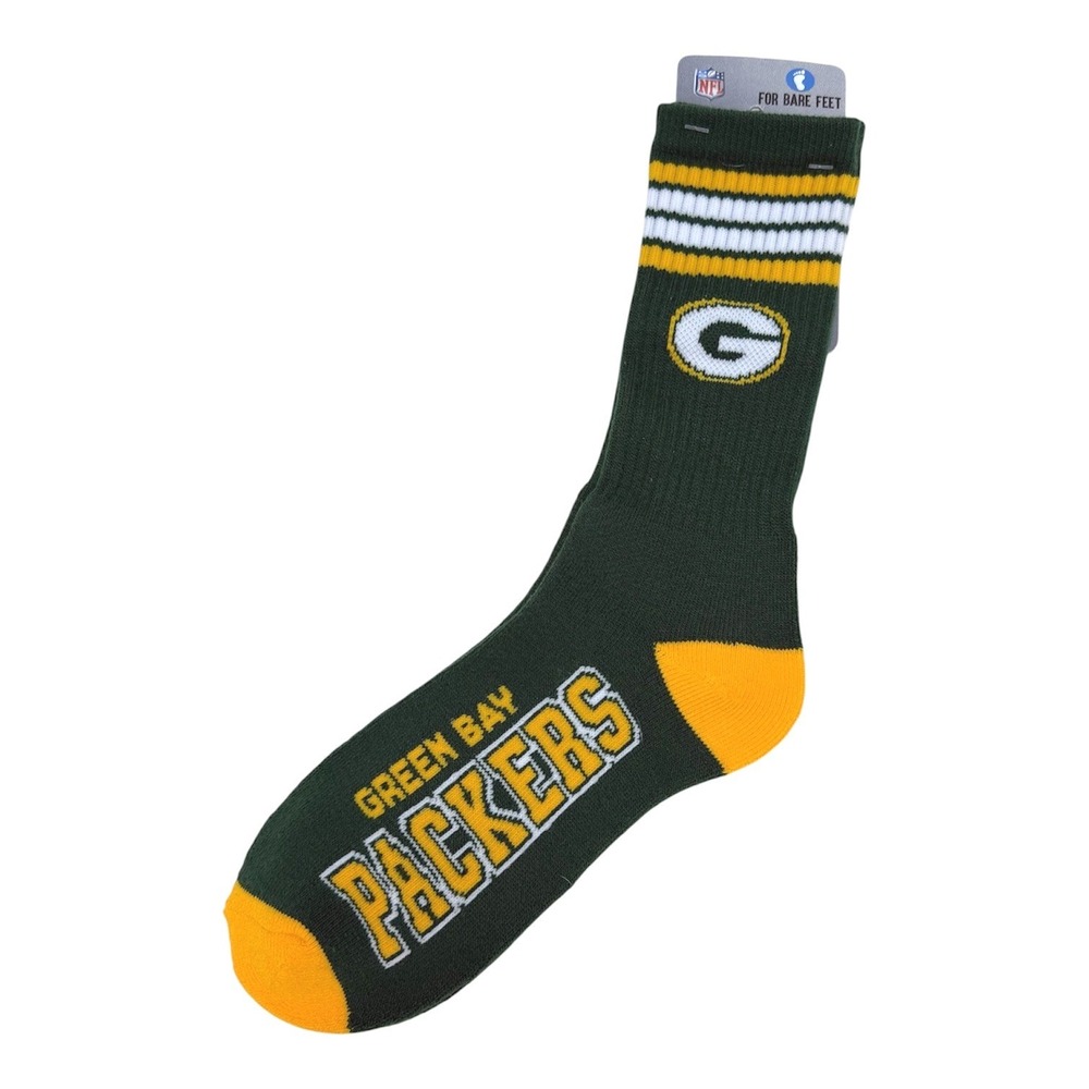 NFL Green Bay Packers For Bare Feet Socks Men Lg 10-13 4-Stripe Deuce Crew NWT